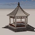 Scenic Pavilion With Blue Roof And White Pillars Over Calm Water Under Cloudy Sky