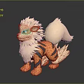 3D Mythical Fox Character Standing With White Fur Orange Body Blue Stripes And Fluffy Tail