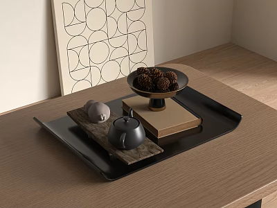 Wooden Tabletop Decor With Black Tray Teapot Pinecones And Geometric Wall Art 3d model