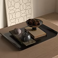Wooden Tabletop Decor With Black Tray Teapot Pinecones And Geometric Wall Art