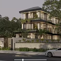Modern Two Story Townhouse Exterior With Balconies Greenery Surrounding Trees And Stone Fence