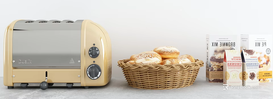 Freshly Baked Bread Rolls in Wicker Basket Next to Beige Toaster on Gray Countertop 3d model 