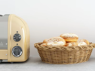 Freshly Baked Bread Rolls in Wicker Basket Next to Beige Toaster on Gray Countertop 3d model
