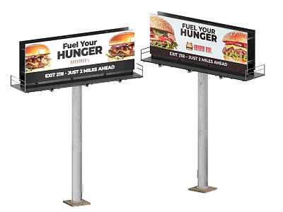 Roadside Billboard Displaying Hamburger Advertisement With Fuel Your Hunger Slogan 3d model