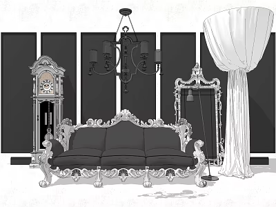 Classic Three Seater Sofa With Ornate Carvings Black Upholstery Silver Accents Chandelier And Decorative Mirror 3d model