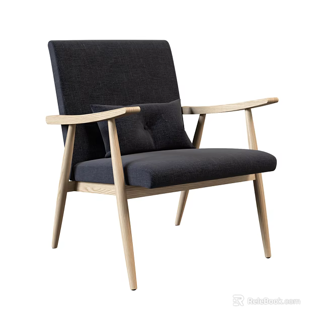 Stylish Modern Dark Fabric Armchair With Wooden Armrests And Matching Cushion 3d model 