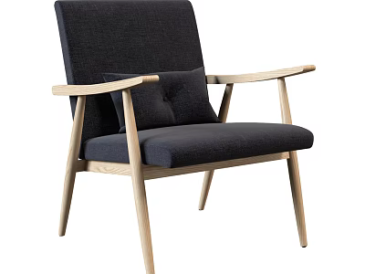 Stylish Modern Dark Fabric Armchair With Wooden Armrests And Matching Cushion 3d model