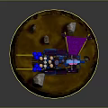 Wooden Stone Cart with Blue Canopy Purple Items and Decorative Wheels on Round Base
