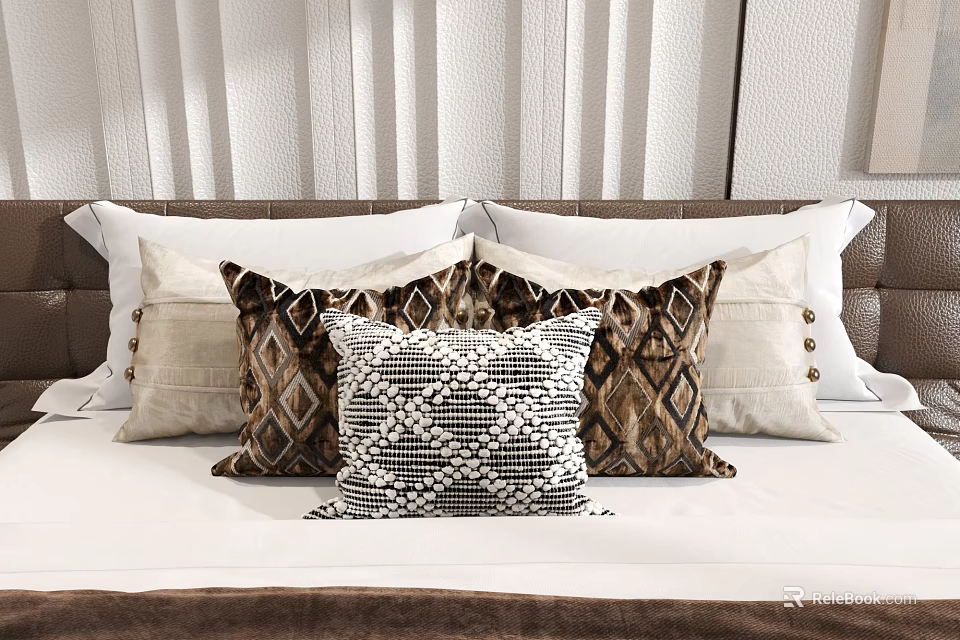 Elegant Decorative Throw Pillows With Mixed Patterns And Colors On Bedroom Bed 3d model 