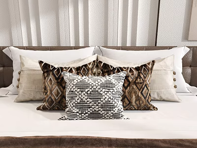 Elegant Decorative Throw Pillows With Mixed Patterns And Colors On Bedroom Bed 3d model