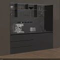Modern Dark Gray Sideboard With Drawers Cabinets Open Shelves Coffee Machine And Glasses