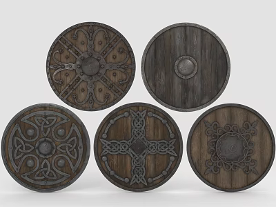 Round Wooden Shields Featuring Intricate Decorative Carvings And Traditional Patterns 3d model