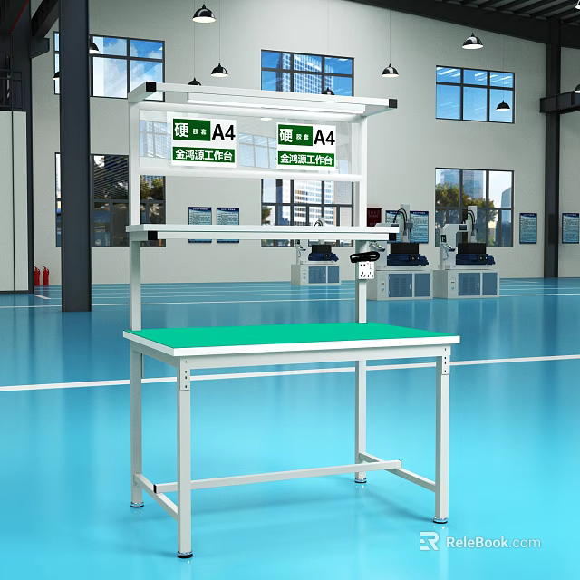 Industrial Equipment Workbench With Green Top And Lamp In Modern Factory Workshop 3d model 
