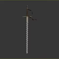 Ancient Decorative Sword With Spiral Blade And Red Ribbon On Gray Background
