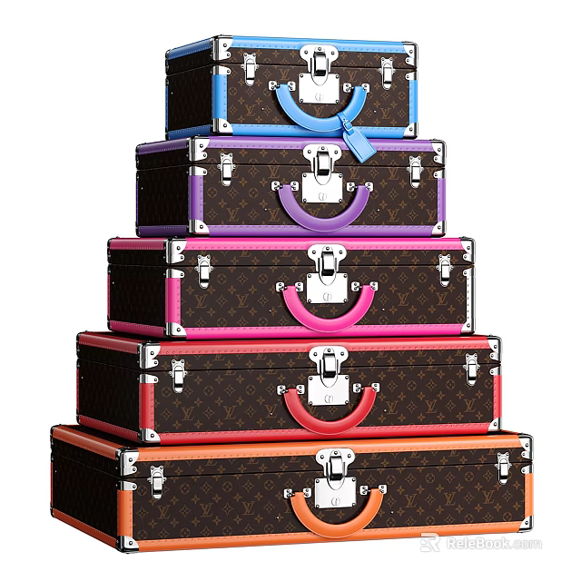 Stacked Colorful Suitcases Featuring Classic Monogram Design Vibrant Handles And Metal Hardware 3d model 