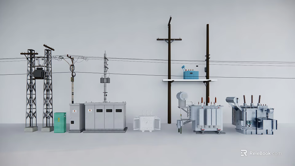 Essential Roadside Facilities Featuring Utility Poles Transformers Distribution Boxes And Electrical Equipment 3d model 