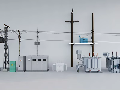Essential Roadside Facilities Featuring Utility Poles Transformers Distribution Boxes And Electrical Equipment 3d model