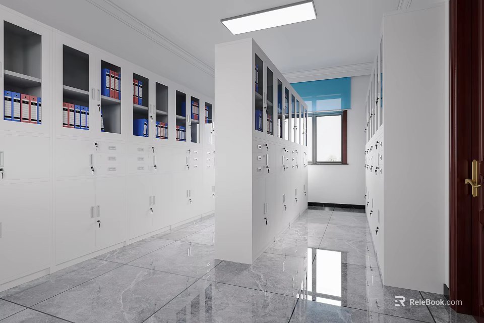 Bright Archive Room With Neatly Arranged White Filing Cabinets And Marble Floor 3d model 