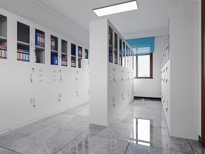 Bright Archive Room With Neatly Arranged White Filing Cabinets And Marble Floor 3d model