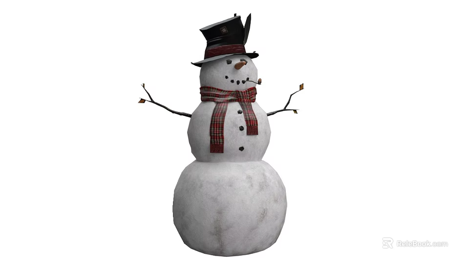 Snowman With Black Hat Red Plaid Scarf Stick Arms And Stone Features 3d model 