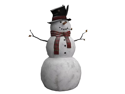 Snowman With Black Hat Red Plaid Scarf Stick Arms And Stone Features 3d model