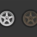 Two Stylish Tires With White And Bronze Wheel Rims On Reflective Dark Background