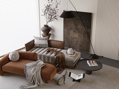 Elegant Modern Living Room Interior Featuring Brown Chaise Lounge Pillows Blanket And Floor Lamp 3d model