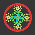 Mechanical Gear Device With Red Outer Ring Green Central Component And Gold Gears