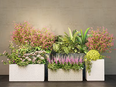 Garden Landscape Featuring Concrete Planters With Green Foliage And Pink Purple Yellow Flowers 3d model