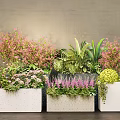 Garden Landscape Featuring Concrete Planters With Green Foliage And Pink Purple Yellow Flowers