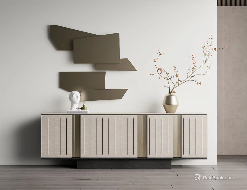 Modern Entryway Side Cabinet Design With Decorative Wall Panels And Vase Decoration 3d model 