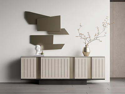 Modern Entryway Side Cabinet Design With Decorative Wall Panels And Vase Decoration 3d model