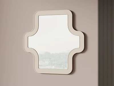 Unique Geometric Shaped Mirror With Light Frame On Beige Wall And Dark Vertical Stripes 3d model