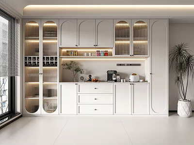 Modern White Wine Cabinet With Glass Doors And Interior Lighting In Kitchen 3d model