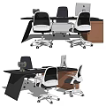 Black Office Desk With Modern Mesh Back Chairs Wooden Cabinet Laptop And Decorative Item