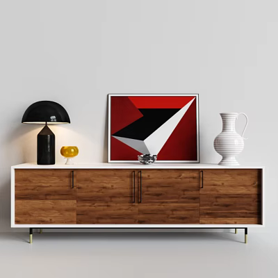 Wooden TV Stand With Gold Legs Drawers Black Lamp Yellow Decor And Geometric Painting 3d model