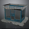 Blue Magazine Press Kiosk with Glass Display Windows and Stone Pavement