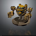 Yellow Mechanical Robot Figure Featuring Large Arms Blue Eyes and Star Patterned Display Base 3d model