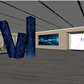 Modern Service Hall Interior With Blue Columns Large Screens Marble Floor And Green Plants