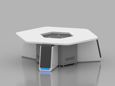 Modern Hexagonal White Office Desk With Central Recessed Area And Blue Illuminated Panel 3d model