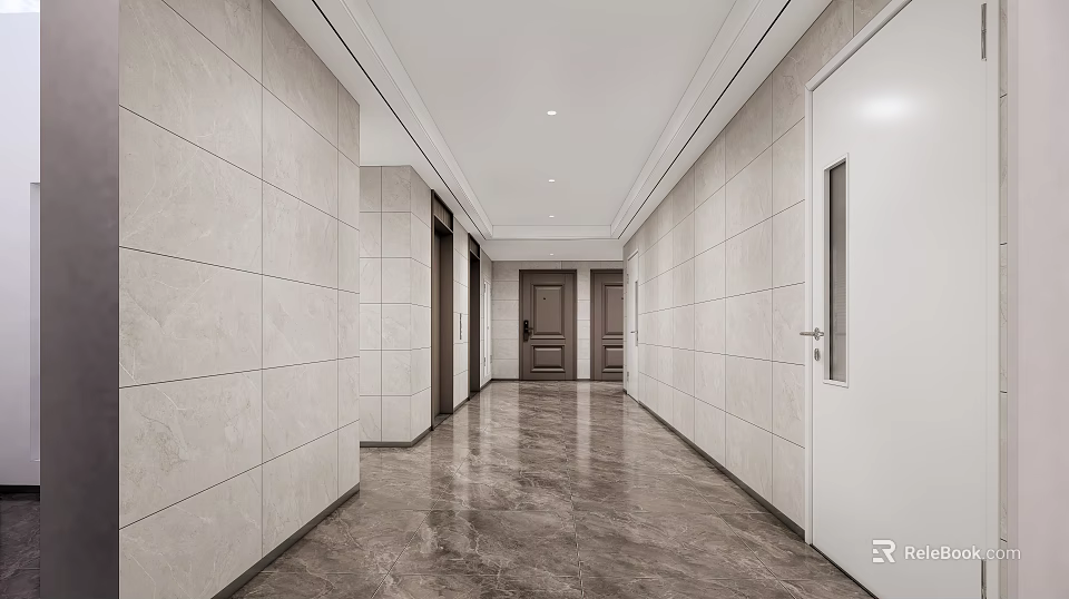 Modern Elevator Hallway With Light Colored Tiles And Dark Marble Floor 3d model