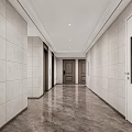 Modern Elevator Hallway With Light Colored Tiles And Dark Marble Floor 3d model