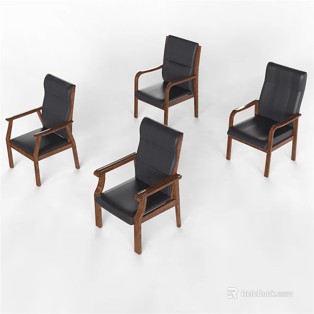 Four Stylish Office Chairs With Black Leather Seats Wooden Armrests And Legs Classic Design 3d model 