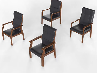 Four Stylish Office Chairs With Black Leather Seats Wooden Armrests And Legs Classic Design 3d model