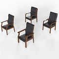 Four Stylish Office Chairs With Black Leather Seats Wooden Armrests And Legs Classic Design