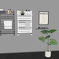 Modern Grey and White Rolling Shelving Unit with Towels Bathroom Essentials and Small Plant