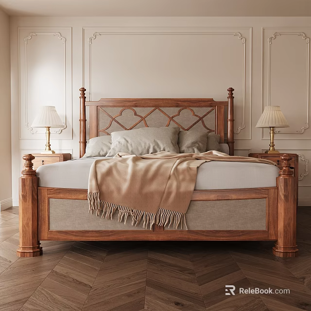 Double Bed With Wooden Carved Headboard Nightstands Lamps Throw Blanket Ornate Walls Herringbone Flooring 3d model 