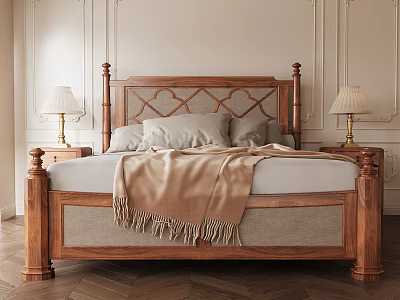 Double Bed With Wooden Carved Headboard Nightstands Lamps Throw Blanket Ornate Walls Herringbone Flooring 3d model