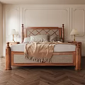 Double Bed With Wooden Carved Headboard Nightstands Lamps Throw Blanket Ornate Walls Herringbone Flooring