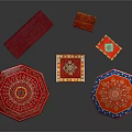 Traditional Red Entryway Cabinet And Side Cabinet With Intricate Floral Patterns And Matching Tables
